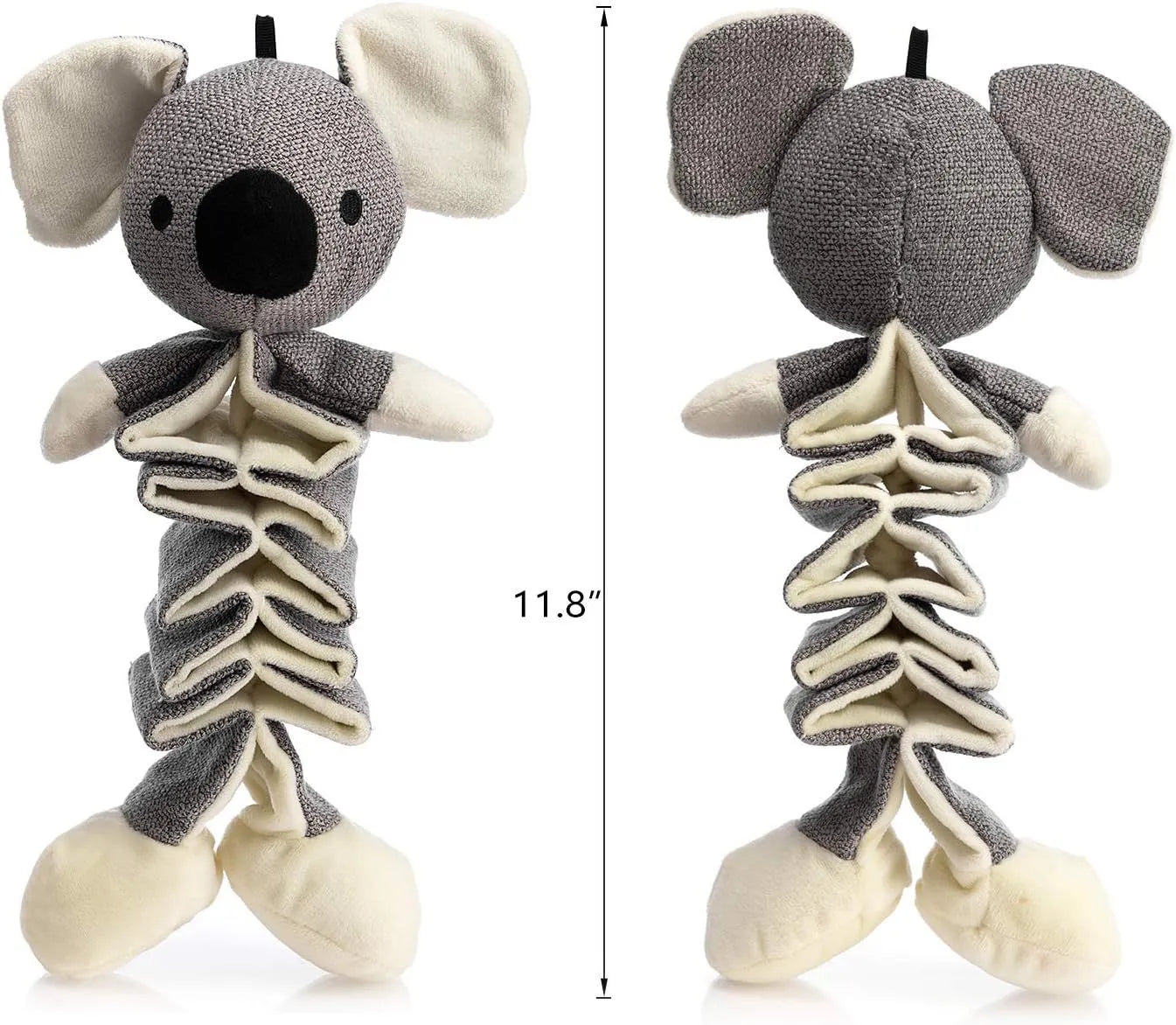 Grey koala-shaped dog toy measuring 30cm long with soft plush limbs.