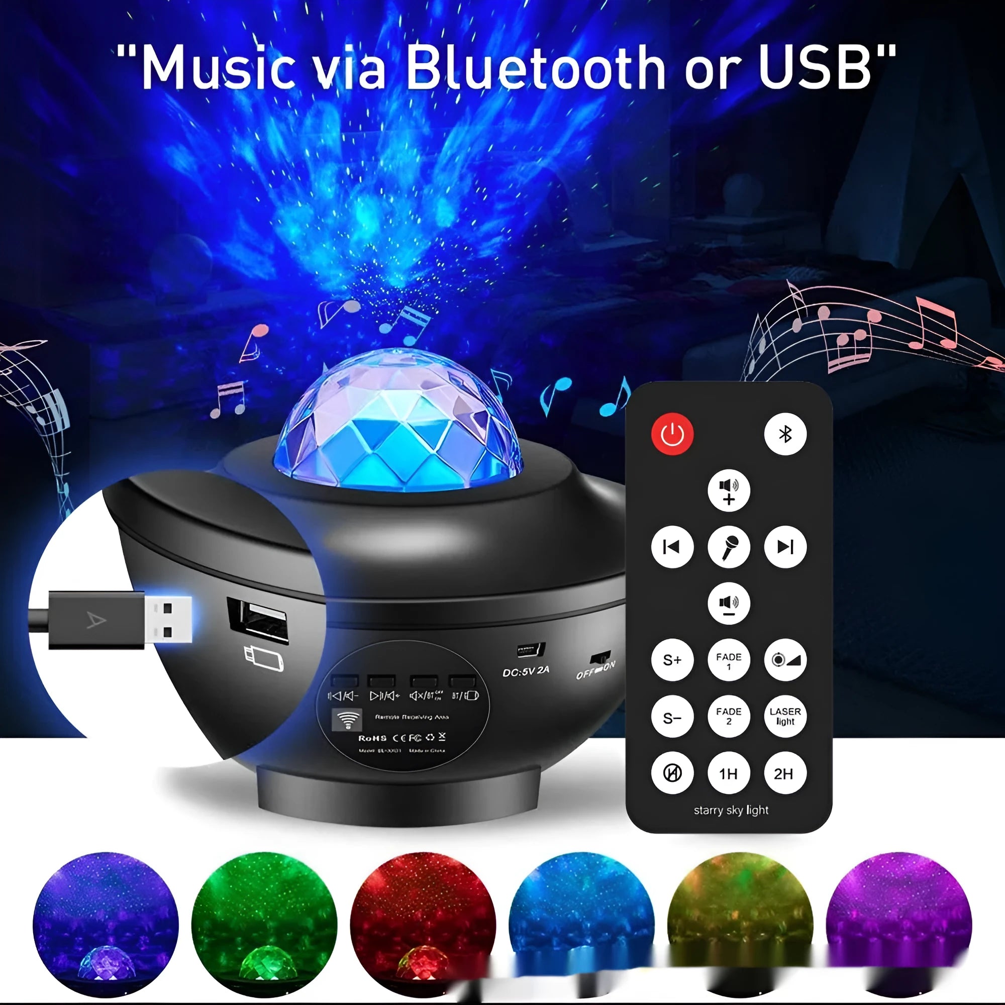 Small black bowl-shaped starry sky projection lamp with rotating water ripple laser effects on desk