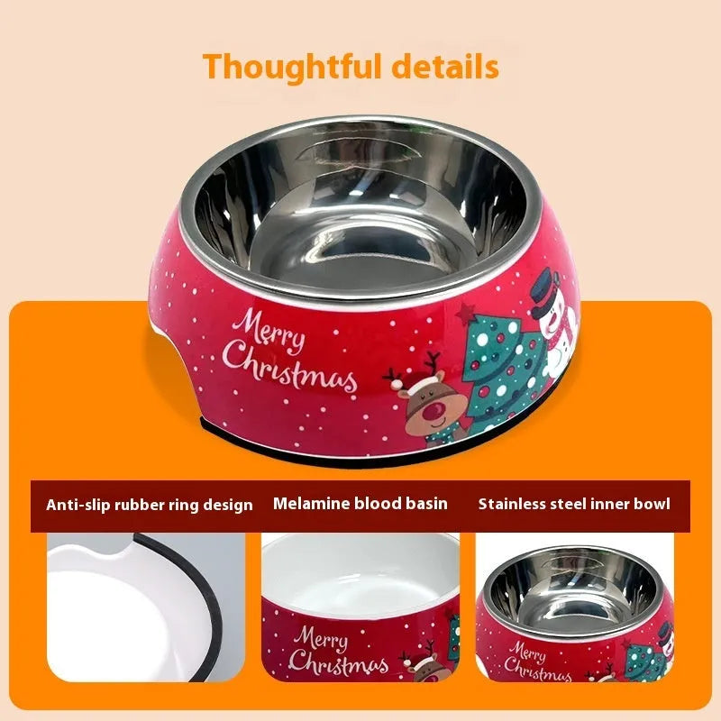 Red Christmas pet bowl with stainless steel inner layer and melamine outer shell in three size options