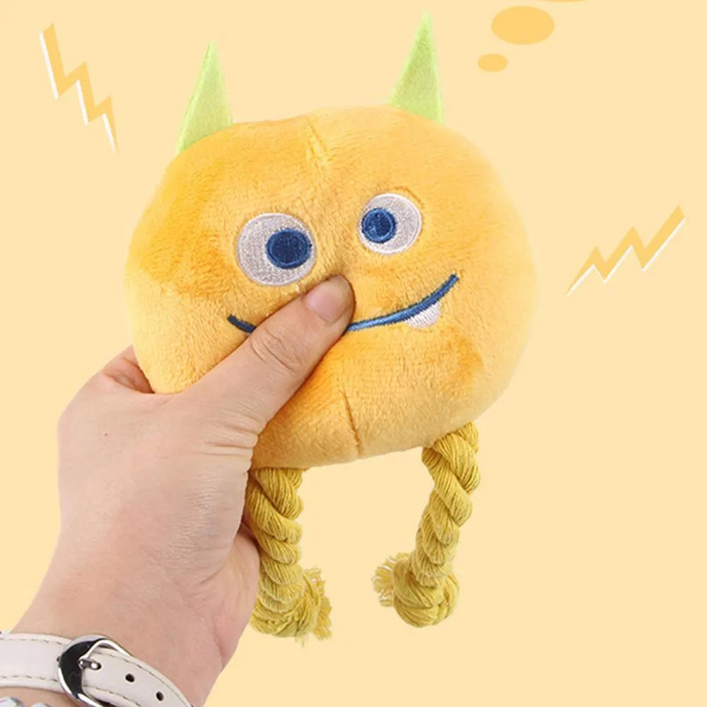 Blue and yellow cartoon animal dog squeaky toys with rope knot construction