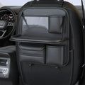 Genuine leather car seat organiser bag with a fold-out table in black, brown, grey, or green.