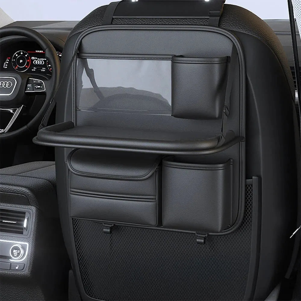 Genuine leather car seat organiser bag with a fold-out table in black, brown, grey, or green.