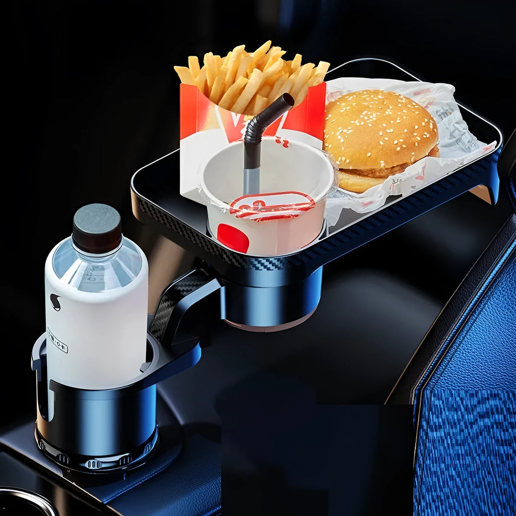 Black rotating car dinner tray holder mounted in a vehicle cup holder.
