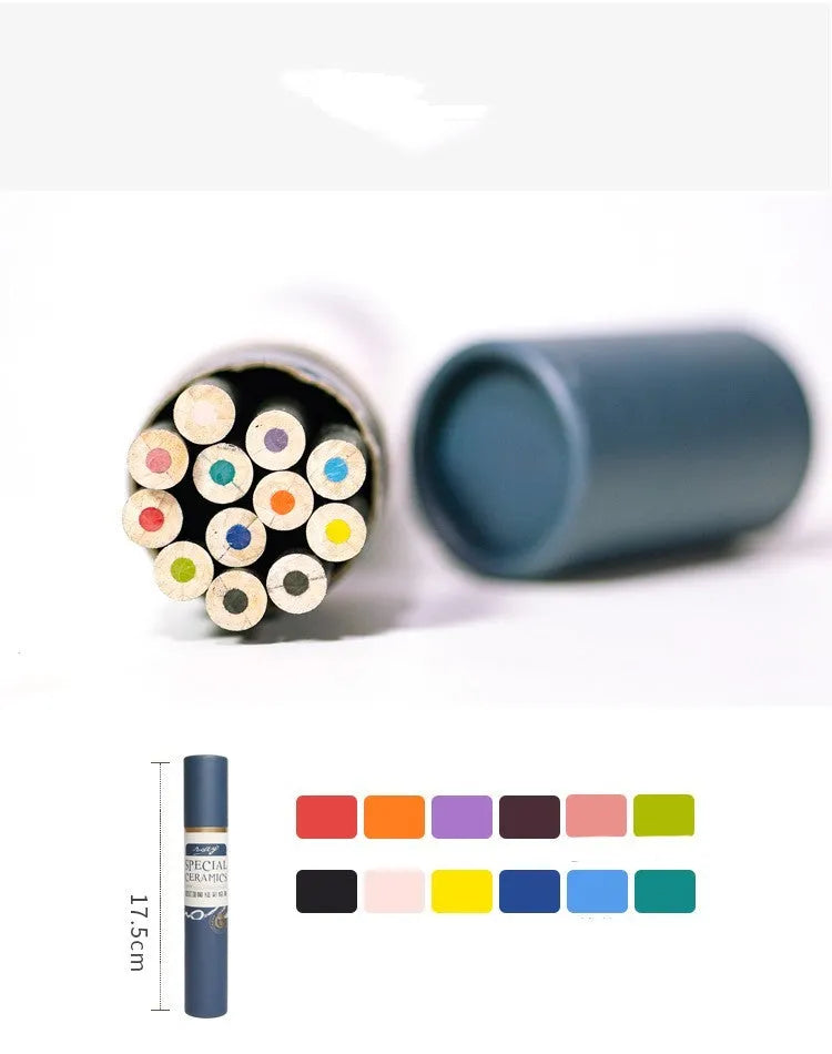 Set of 12 pottery underglaze colour pencils in assorted colours including red, blue, green, yellow, and black.