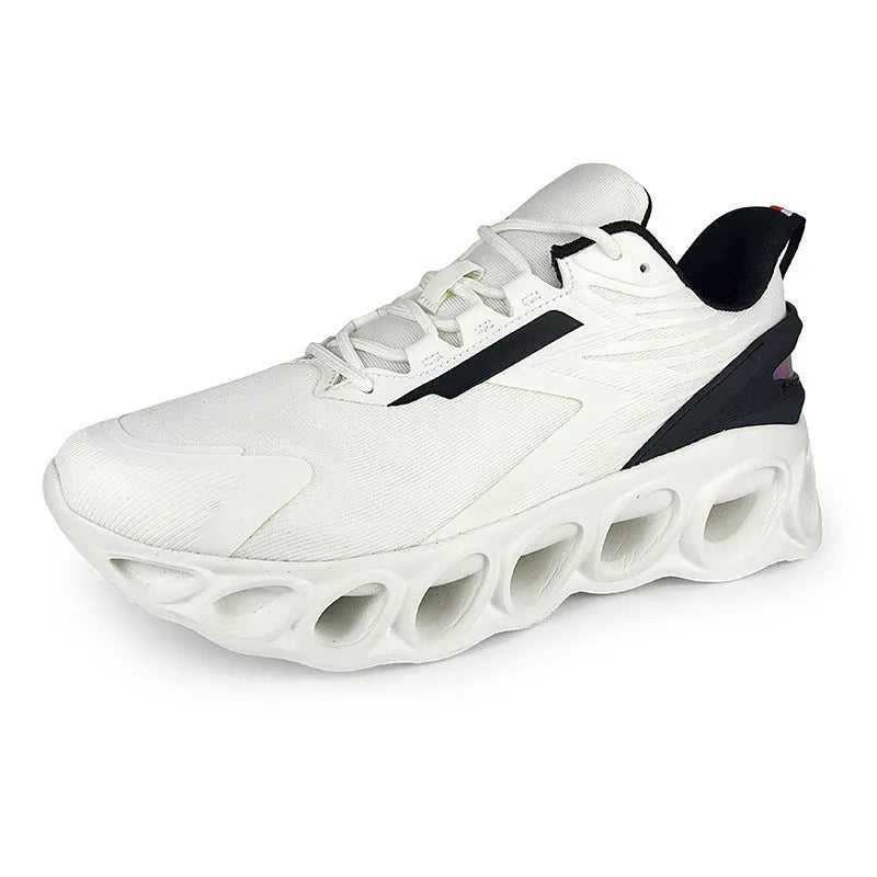 Black breathable low-top casual sports shoes with mesh upper and white stitching on a flat EVA sole.