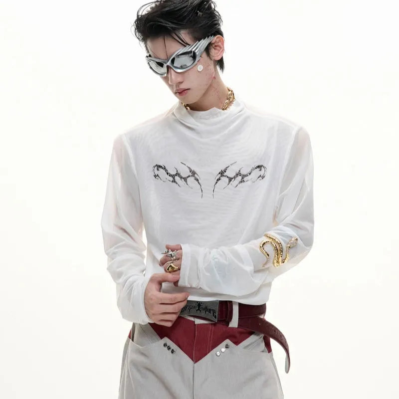 Black and white long sleeve mesh slim fit shirt laid flat, showing mesh fabric texture.