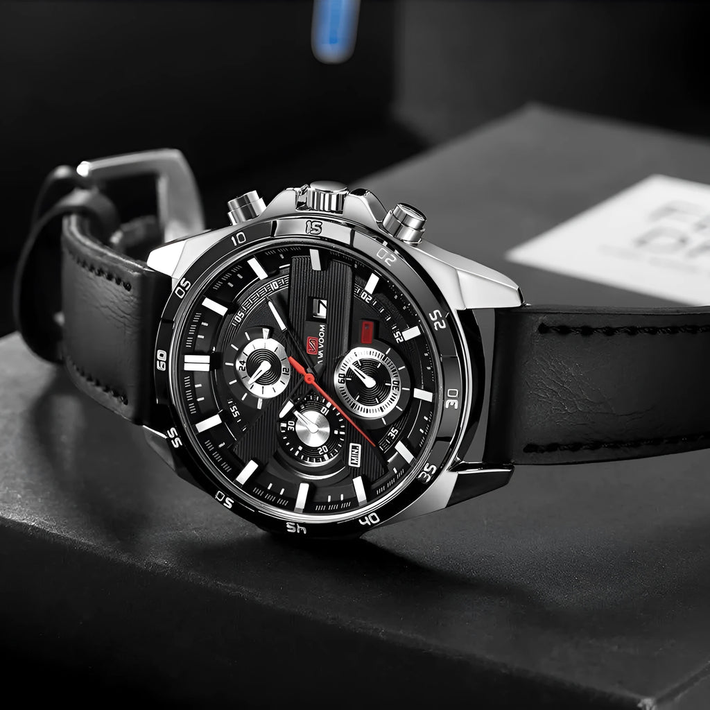 Men's casual waterproof quartz watch with business calendar on brown leather strap