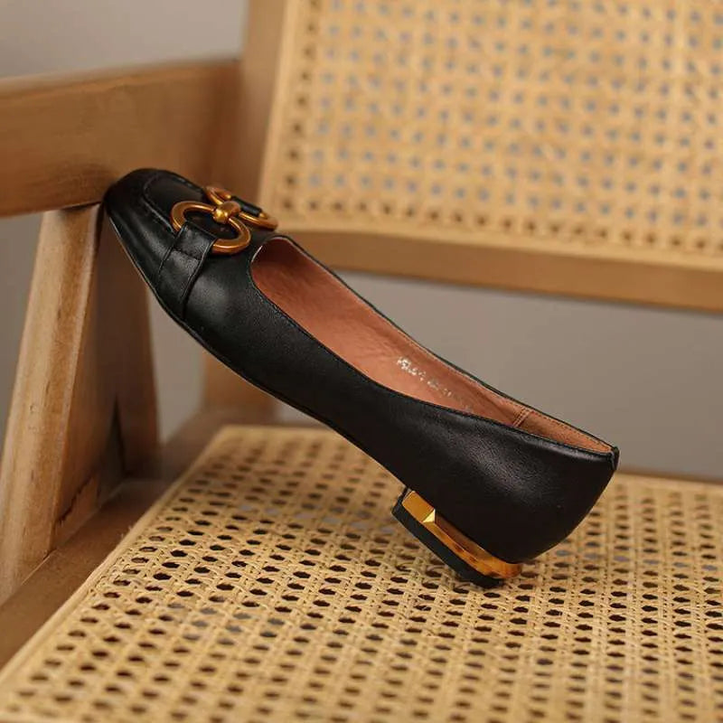 Women's Wanwan Lei style low heel pumps with square toe and shallow mouth in various colours.