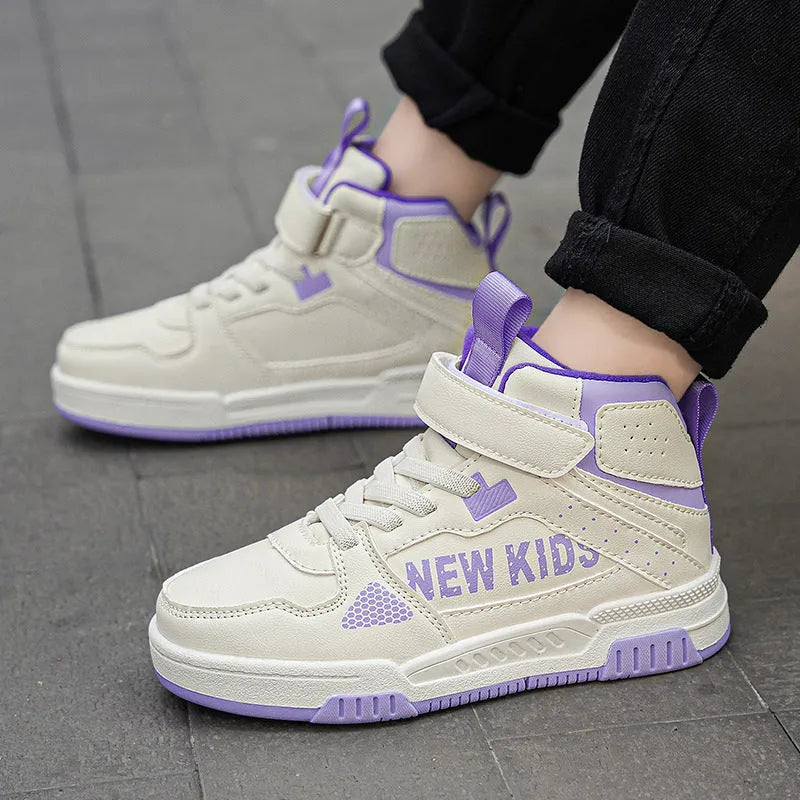 Children's street outdoor sneakers with buckle fastening and letter pattern in beige green, blue, white powder, and white & purple colours