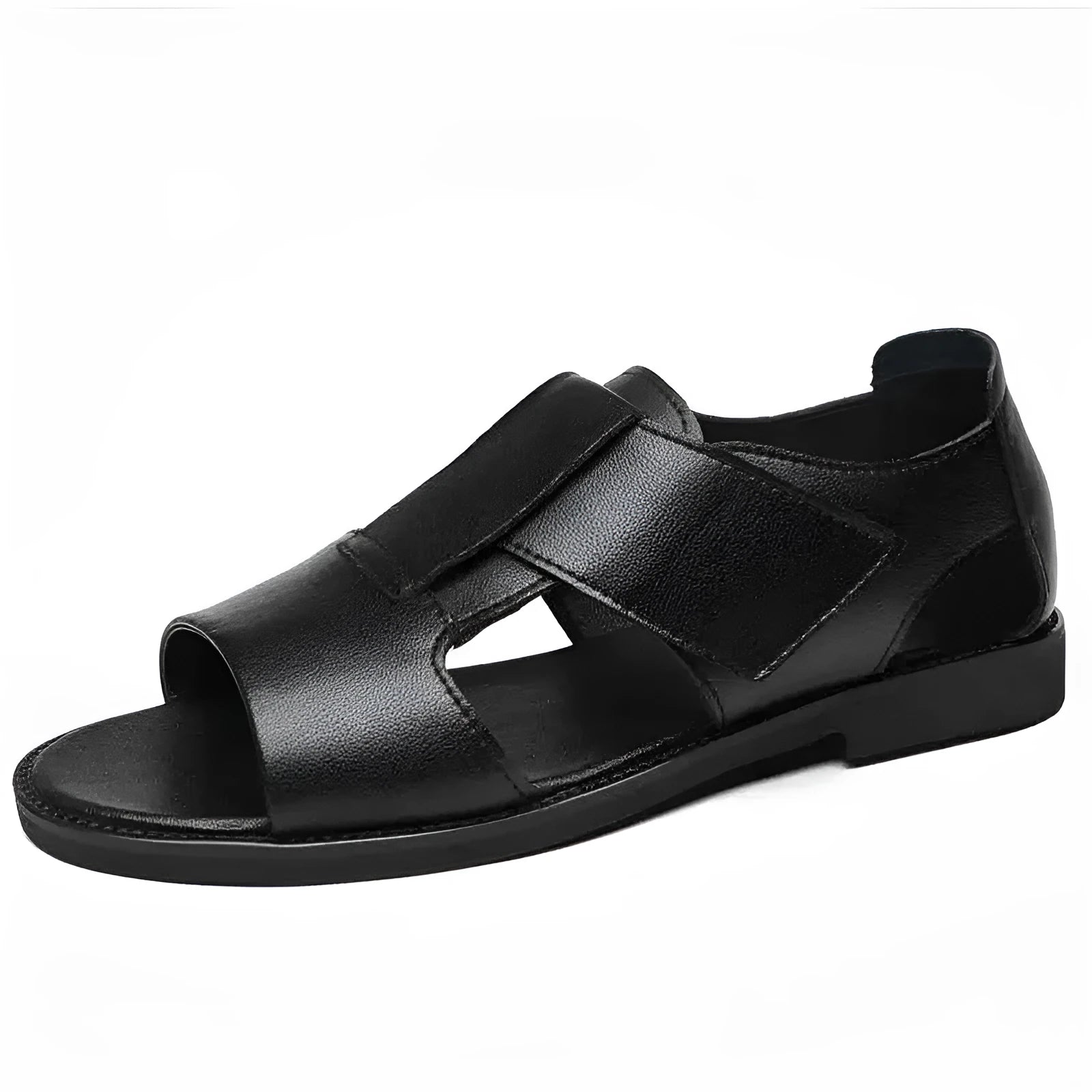 Men's black leather Roman sandals with open toe and non-slip rubber sole on a sandy beach.
