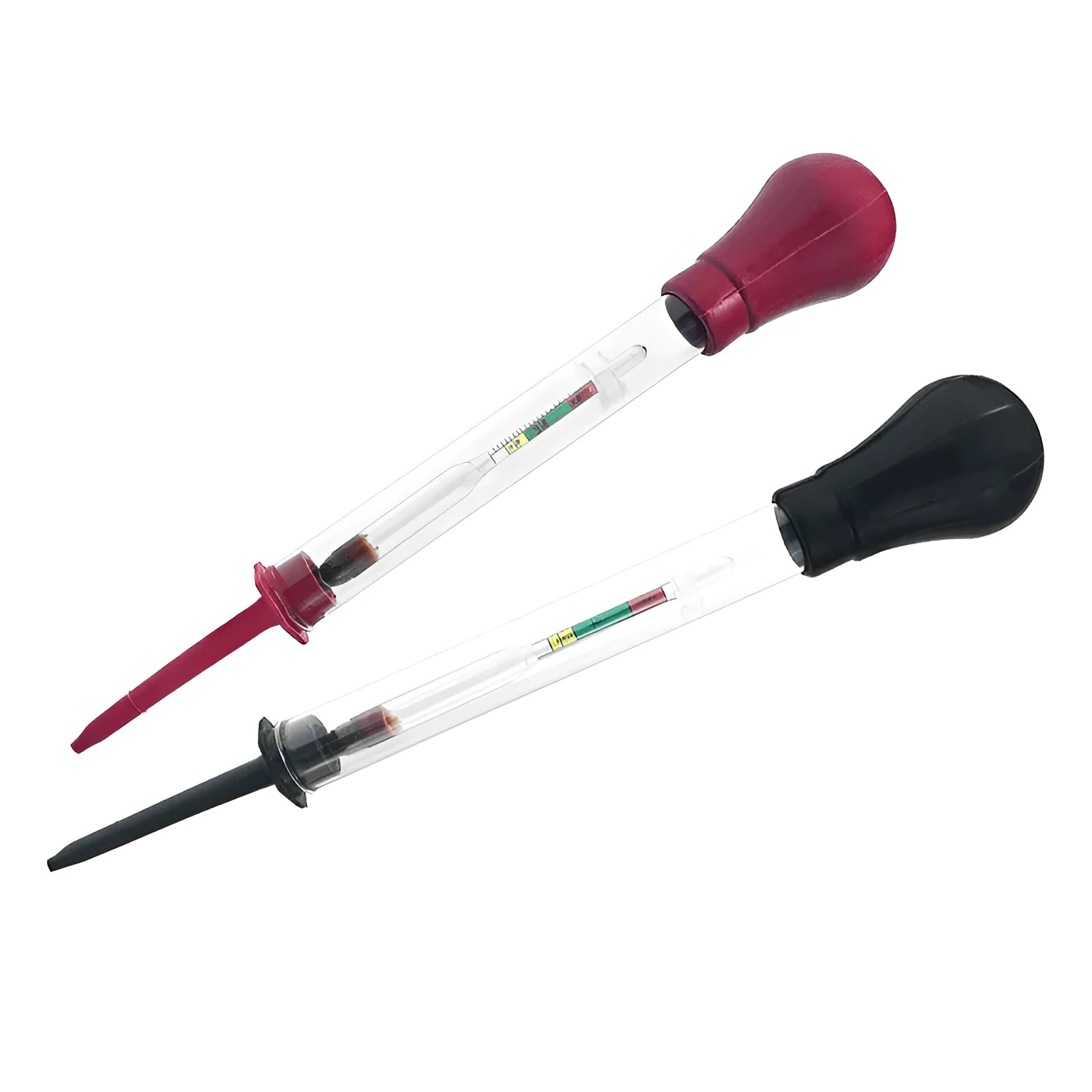 Glass automotive battery hydrometer with red and black units for electrolyte density testing