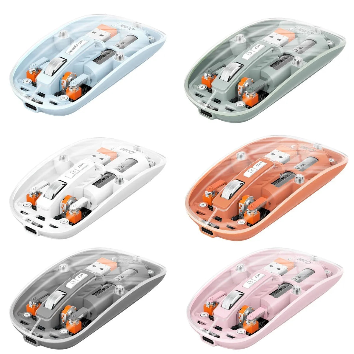 Transparent wireless computer mouse with USB connection showing internal components through plastic housing