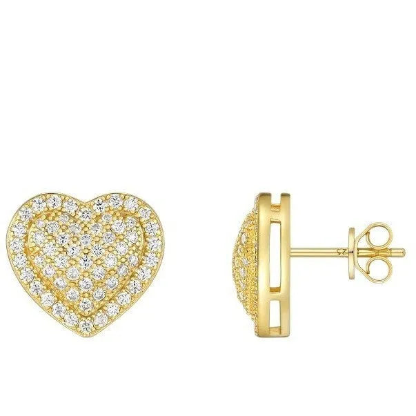 Golden heart-shaped stud earrings with moissanite stones on silver posts