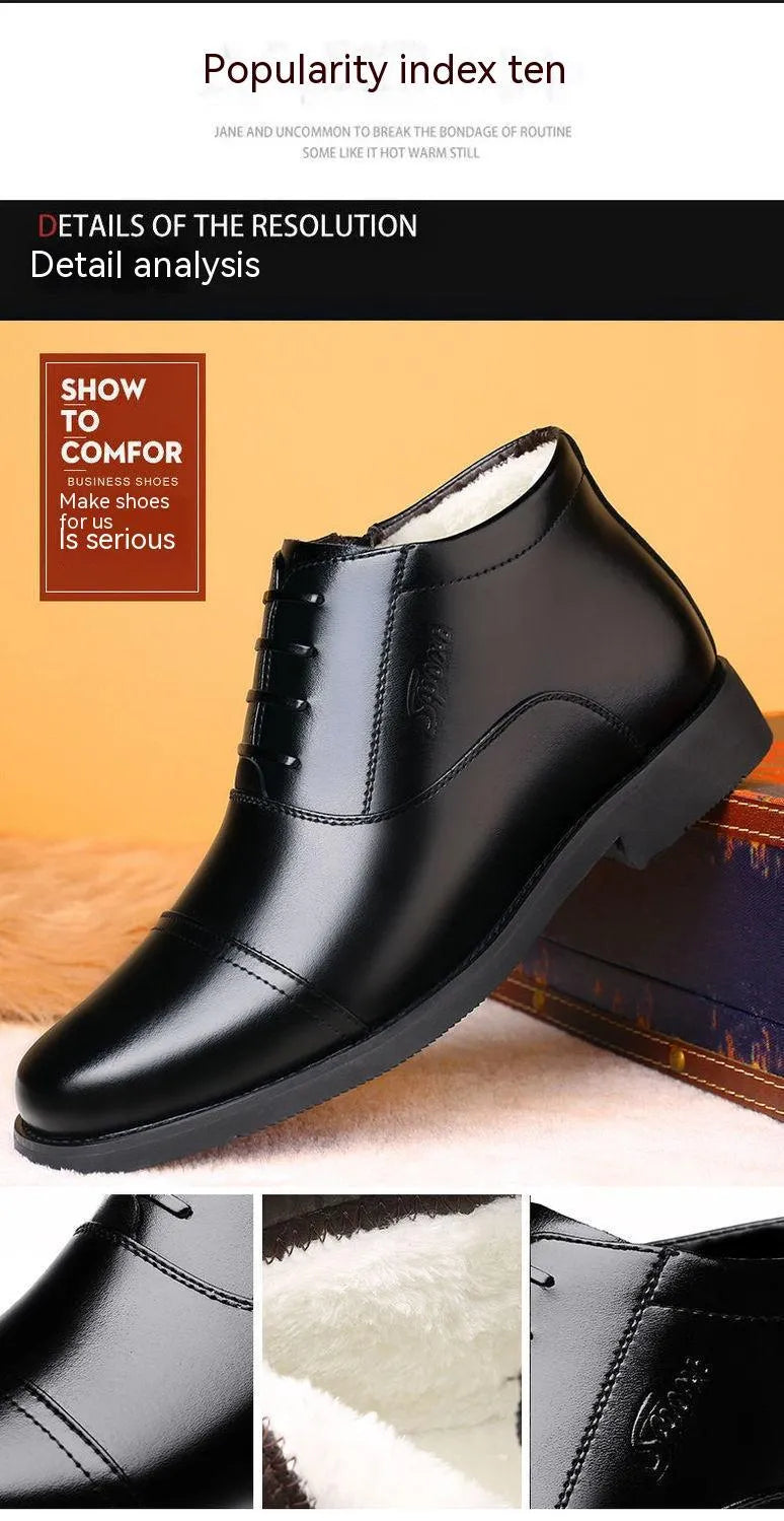 Men's winter real leather cotton shoes with fleece lining, black, rubber sole, sizes 38-44