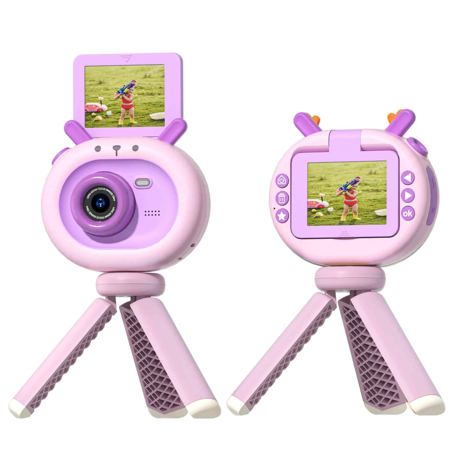 Purple children's digital camera with flip screen, silicone case, and lanyard for kids aged 4-6