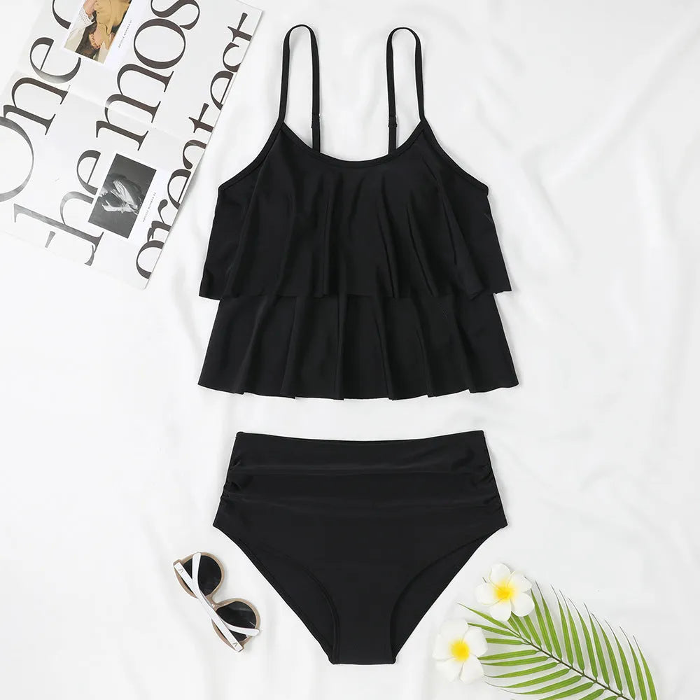 High waist double-layer swimsuit in black and coconut tree print, showing front view.