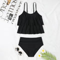 High waist double-layer swimsuit in black and coconut tree print, showing front view.