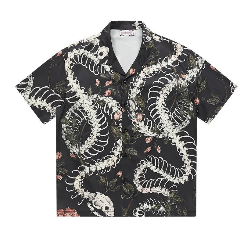 Men's loose fit short sleeve shirt with snake bone floral print and a Cuban collar.