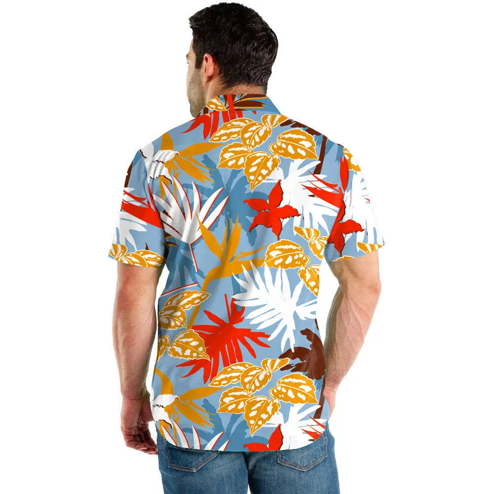Men's beach digital printed shorts and shirt set with inner mesh lining, cotton blend fabric, short sleeves, two colour options