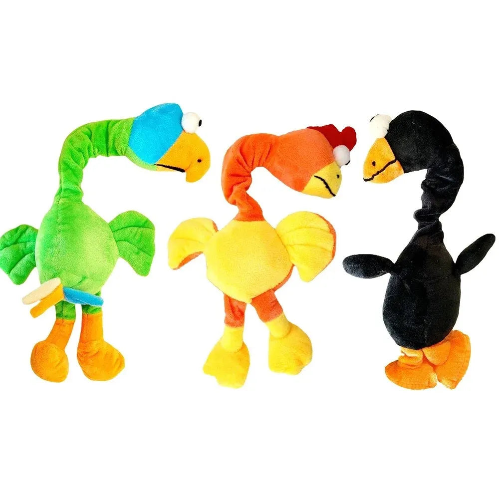 Screaming chicken sound dog toy in black, green, or orange colours