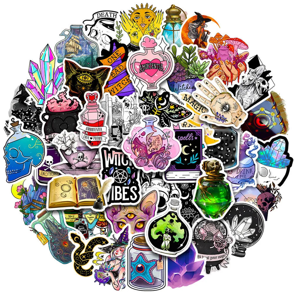 50 piece PVC waterproof luggage stickers in various sizes from 3cm to 8cm with glossy finish