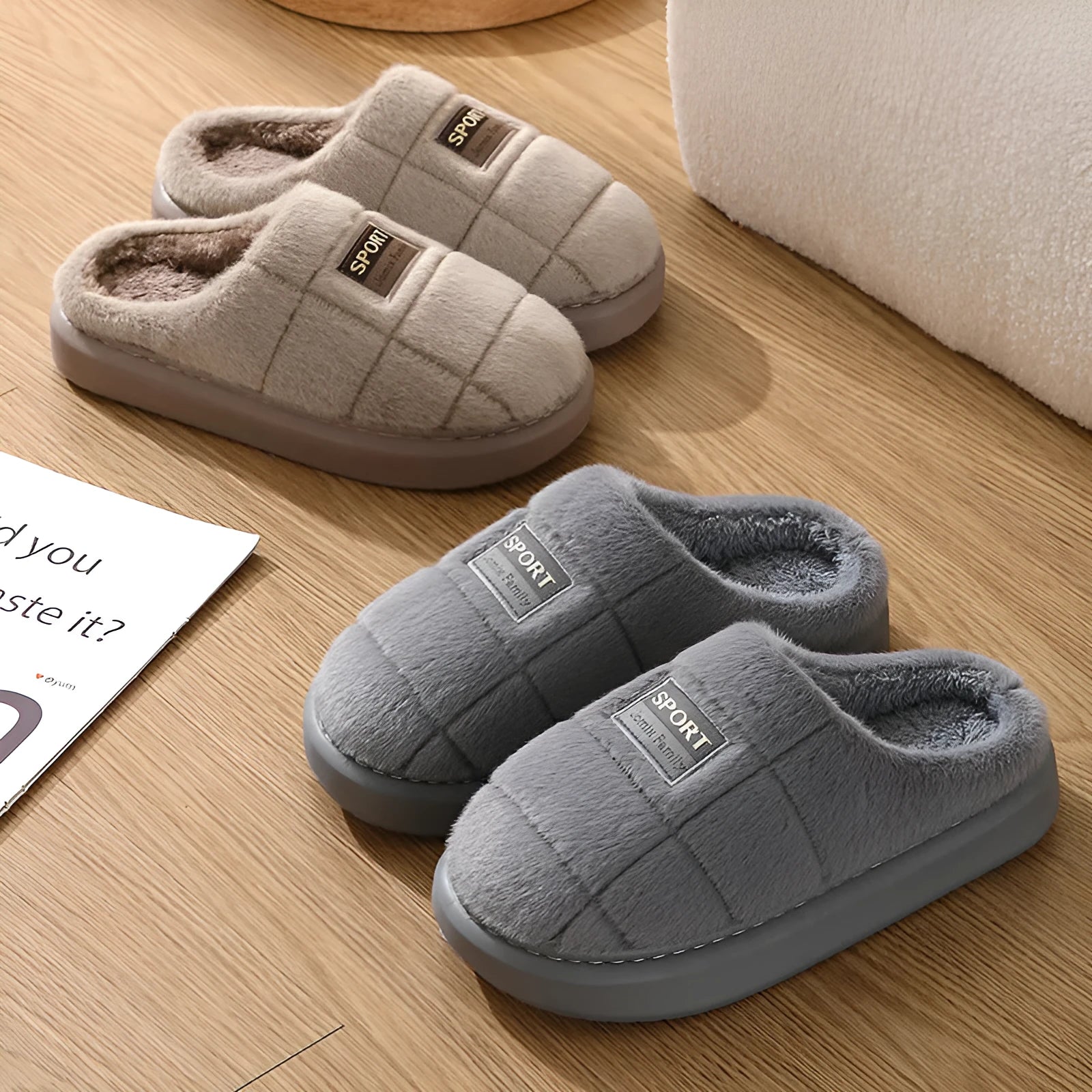 Men's brown and grey plaid cotton slippers with wool lining and a thick EVA sole.