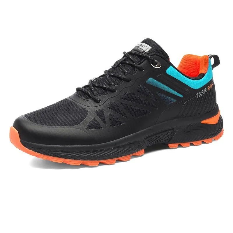 Men's black and orange breathable mesh running shoe with lace-up front on a flat heel.