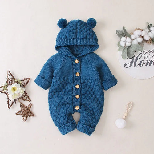 Baby knitted cotton romper, sleeveless hooded, light blue, sizes 66-100cm, Class A safety