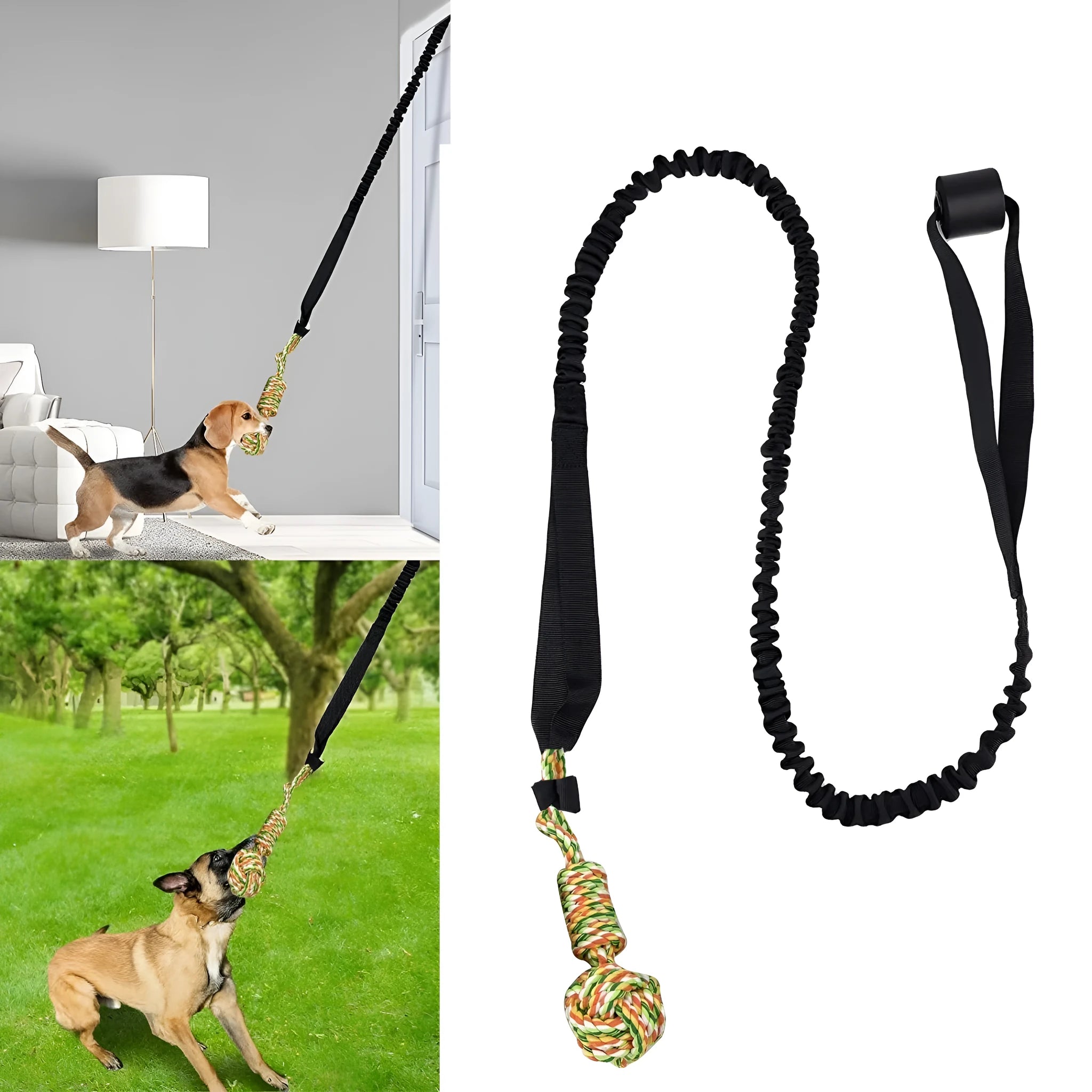 A long, woven cotton rope dog tug toy shown in a choice of black, grey, or red.