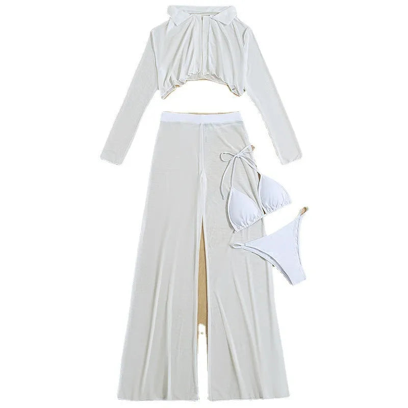 Women's white swimsuit four-piece set showing high-waist trousers and backless top
