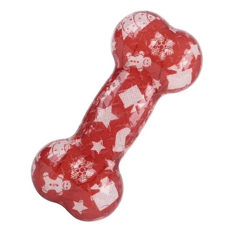 Printed bone shaped TPR dog chew toy with squeaker in seasonal colour variations