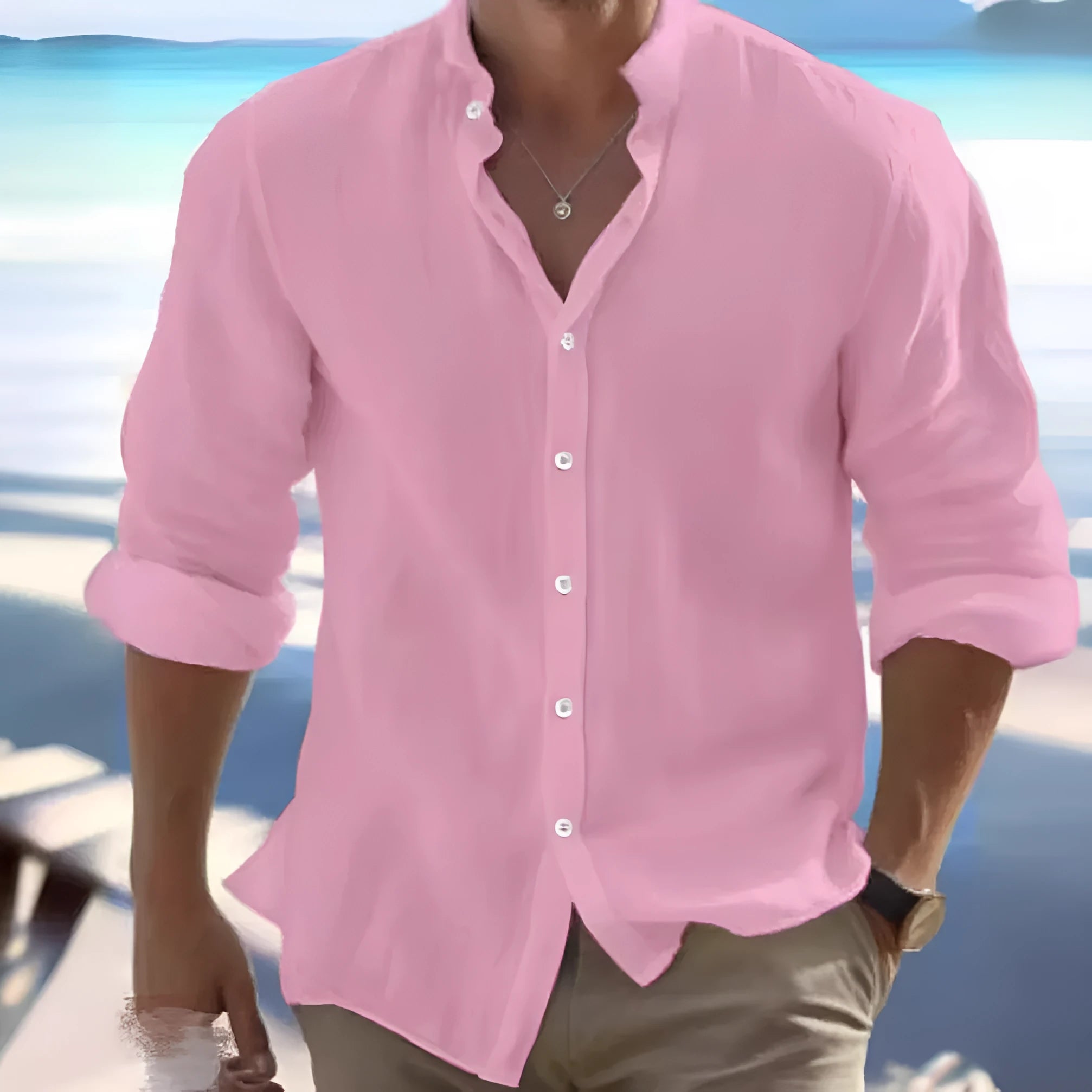Men's casual linen button-up summer shirt in long-staple cotton on a hanger.