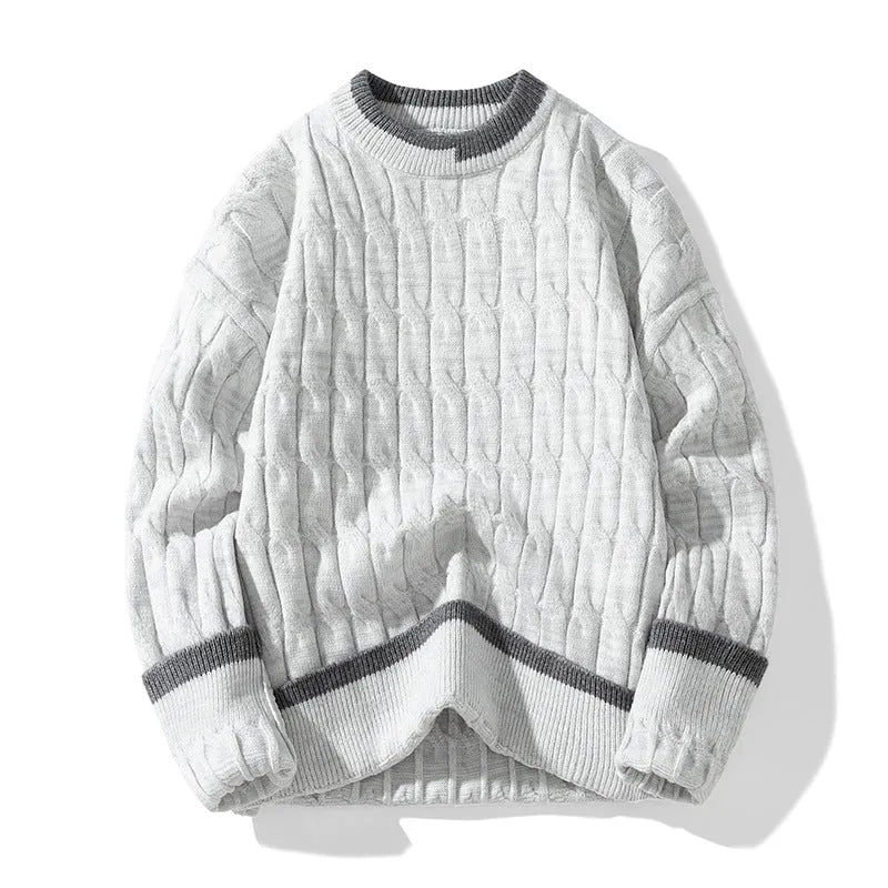 Men's loose fit grey pullover sweater with long sleeves on a neutral background.