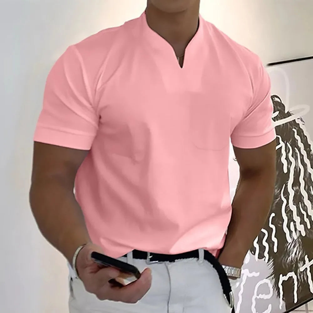 Men's summer short sleeve shirt with front pocket, stand collar, loose fit, elastic cotton blend, plus size options, twelve colours available