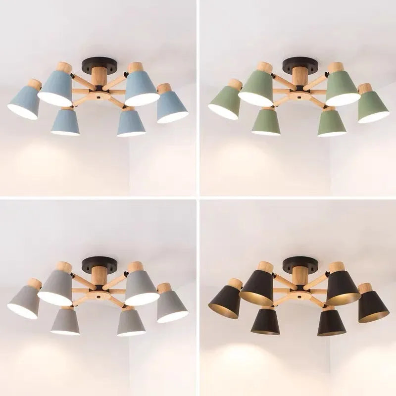 Nordic macaron style ceiling pendant lamp with ironwood frame showing multiple head configuration