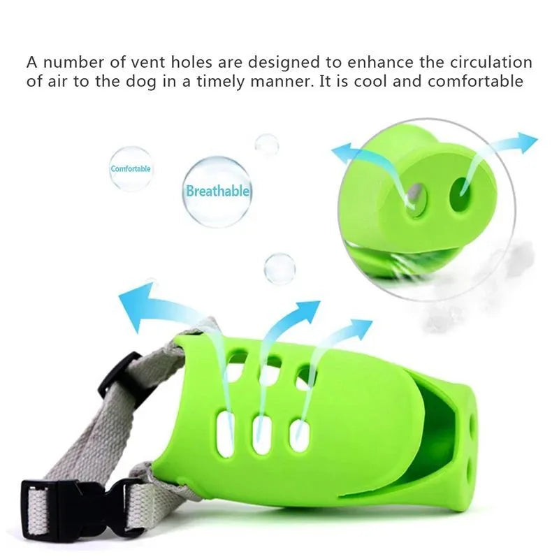 Green silicone anti-bite mouth cover muzzle for a long-mouthed dog on a white background.