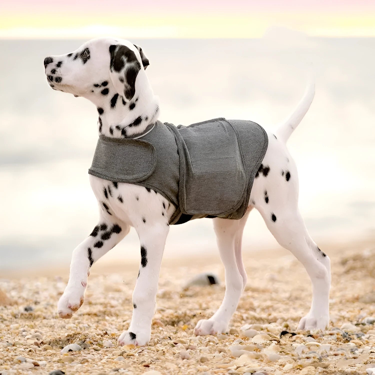 Heather grey dog anxiety vest in brocade cotton fabric on a medium-sized dog.