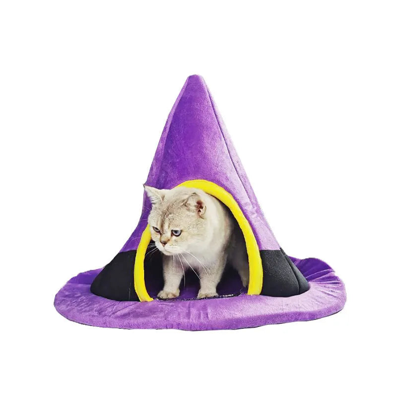 Purple Halloween witch hat shaped cloth cat bed with a fleece cushion inside.