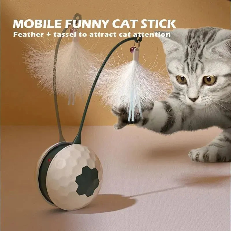 Self-moving cat teaser stick with feather and hemp rope attachments on a red base with USB charging cable