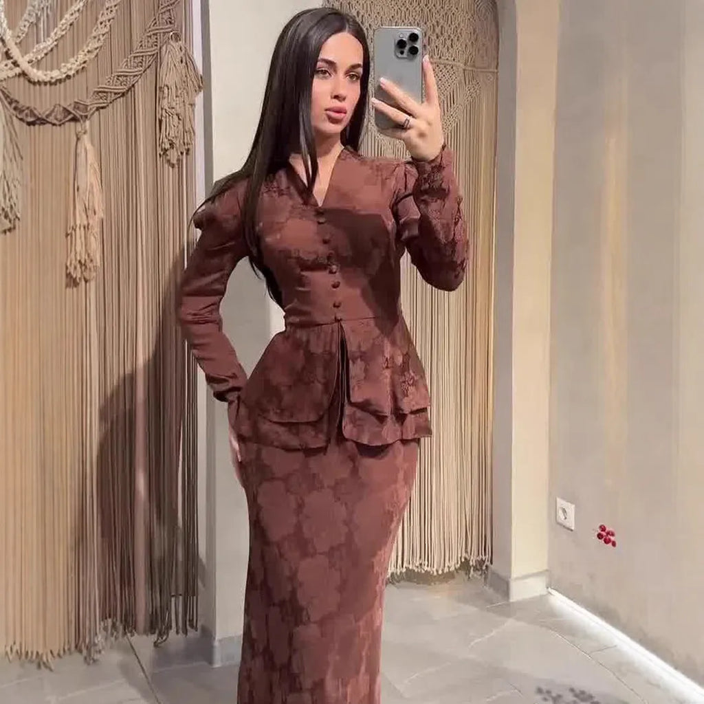 Dark brown women's retro dress with botanical pattern, long sleeves, and a fake two-piece design.