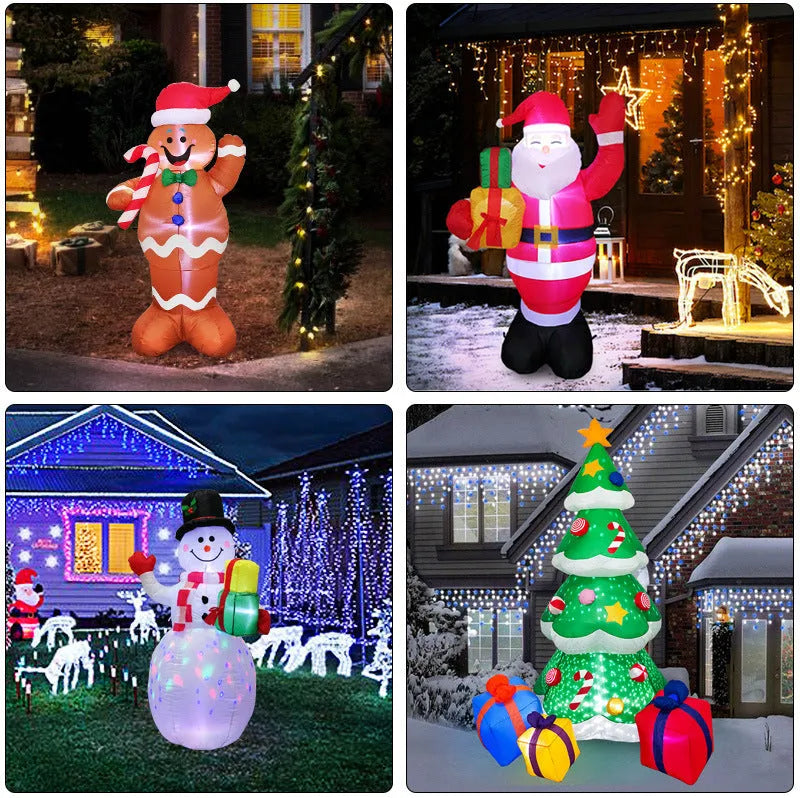 Glowing LED inflatable Christmas decorations including Santa, snowman, and a Christmas tree for outdoor garden use.