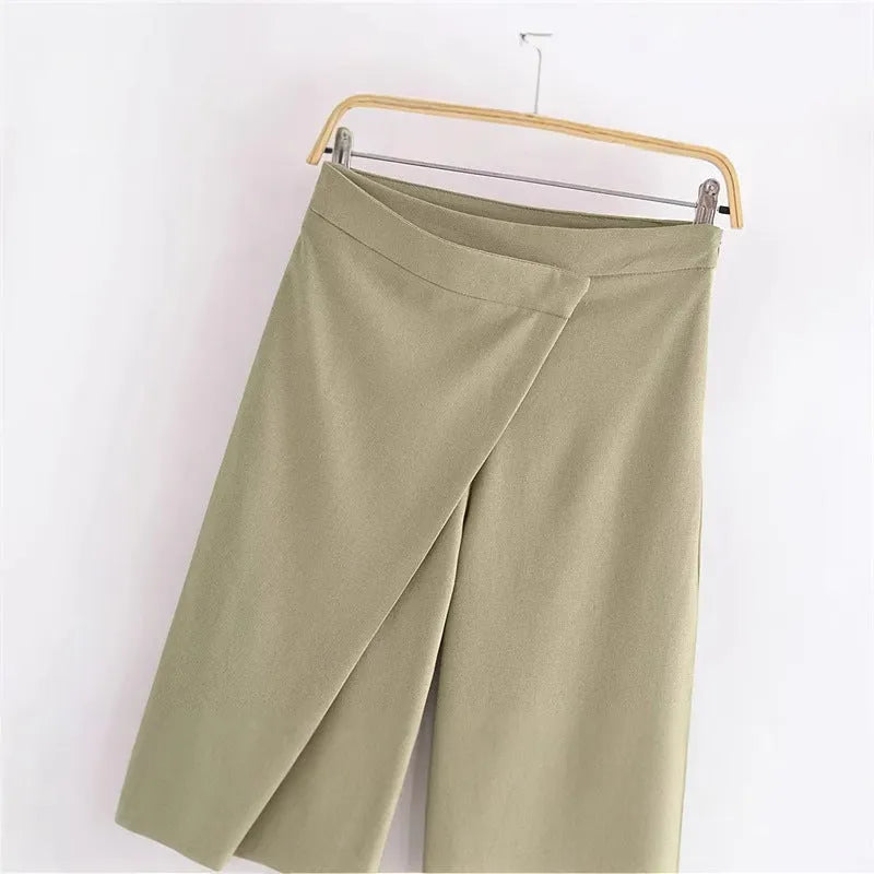 Women's casual straight linen trousers in khaki, mid-waist cotton blend with micro elasticity, sizes XS to L