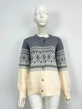 Women's grey alpaca wool sweater with diamond knit pattern and contrast colour panels