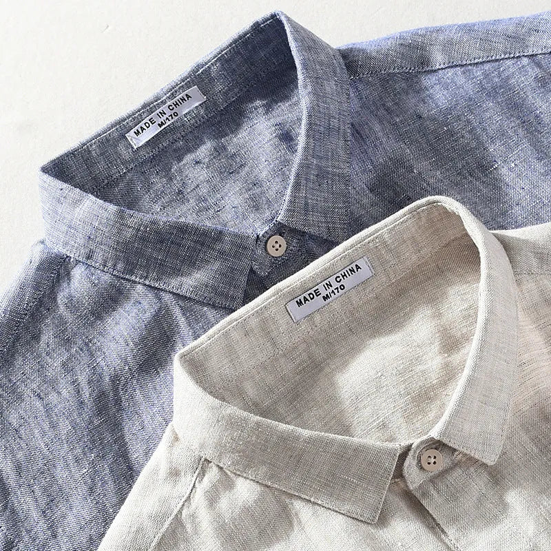 Men's square collar linen shirt in raw jute colour with short sleeves and cardigan style