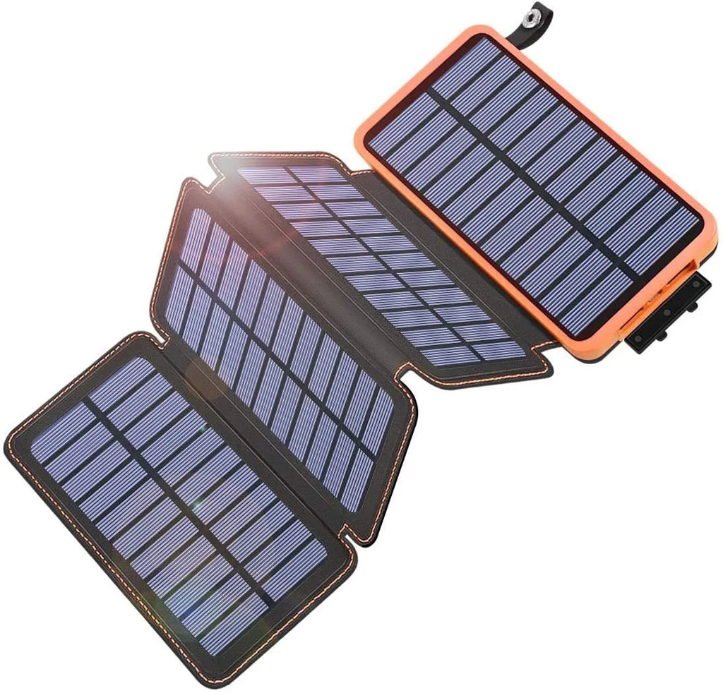 Black outdoor solar power bank with a solar panel, USB ports, and an LED light on a soft leather exterior.