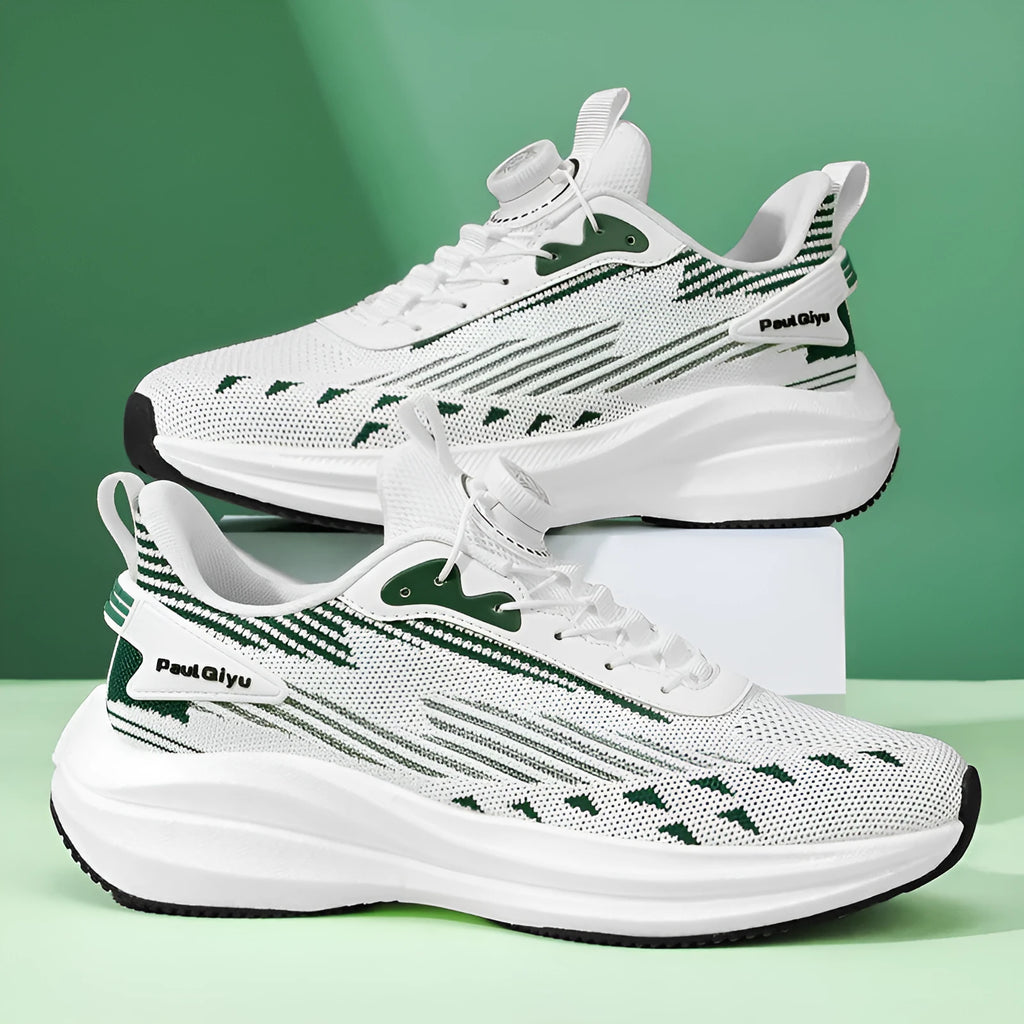 Men's casual sports running shoes with rotating buckle and white green Fly-kit mesh upper on a flat TPU sole.