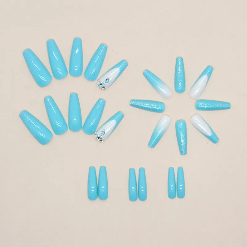Smart blue diamond colour long ballet false nails with adhesive glue