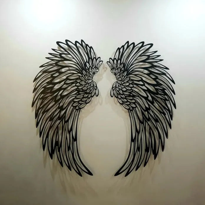 Carved metal wall decor with light, angel wings design, double-sided black iron, 35cm pair on a wall