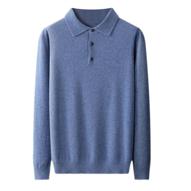 Men's polo collar wool sweater in noble blue colour showing long sleeves and knit texture