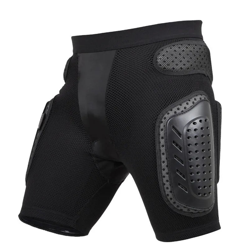 Black cycling hip protection pants with integrated padding available in S, M, L, XL sizes